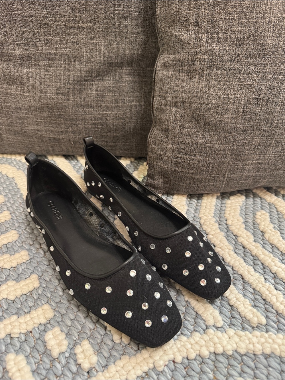 Open Edit Rhinestone Embellished Square Toe Ballet Flats Black Women's 8.5